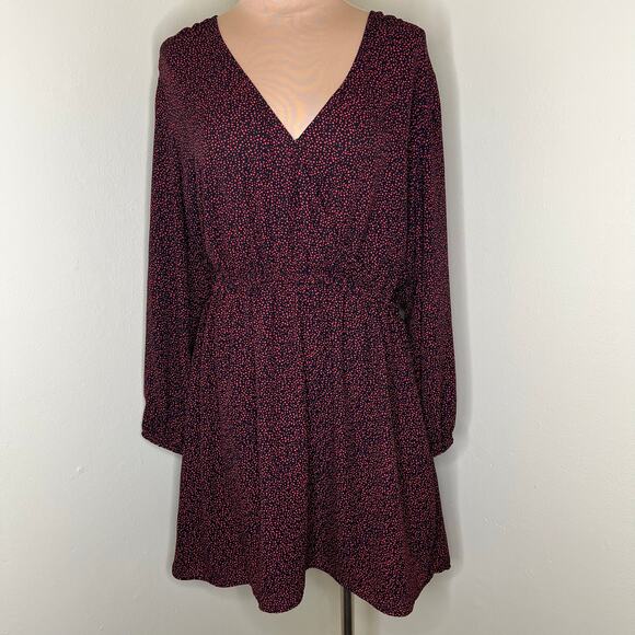 GAP Dress w Pockets XL Women Black Red Blouson Long Sleeve Faux Wrap V-Neck Mini - Picture 1 of 9